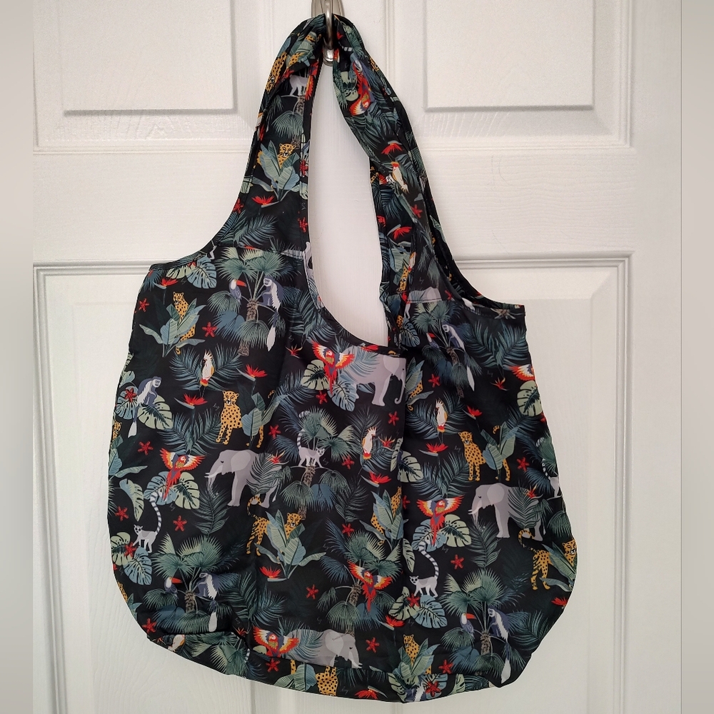 Lug Nylon Foldable Tropical Handle Bag Animal Print Grocery Travel Black
